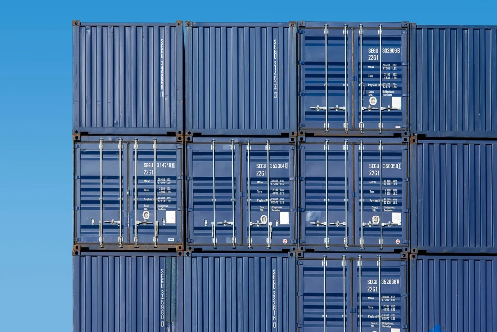 Stacked blue shipping containers